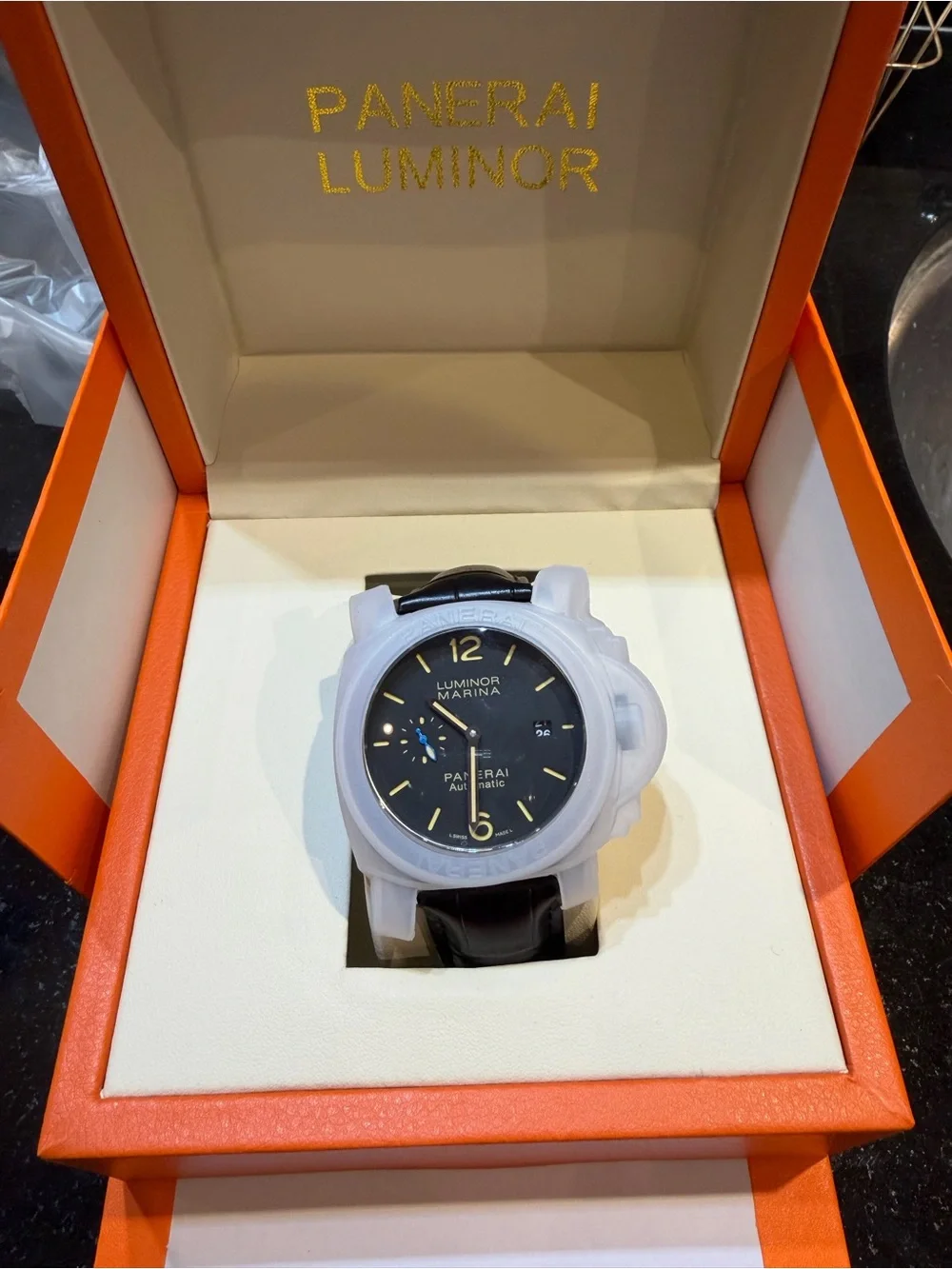 Panerai Luminor Marina Black Dial Black Leather Strap Watch